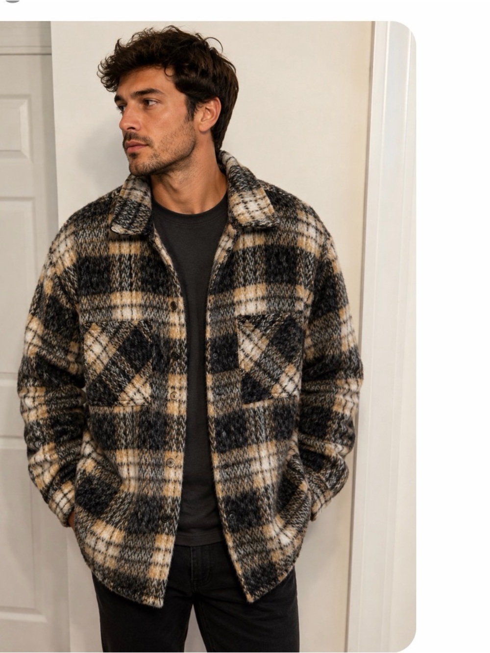 Thread & Supply Cozy Plaid Shacket in Black, Cream & Tan